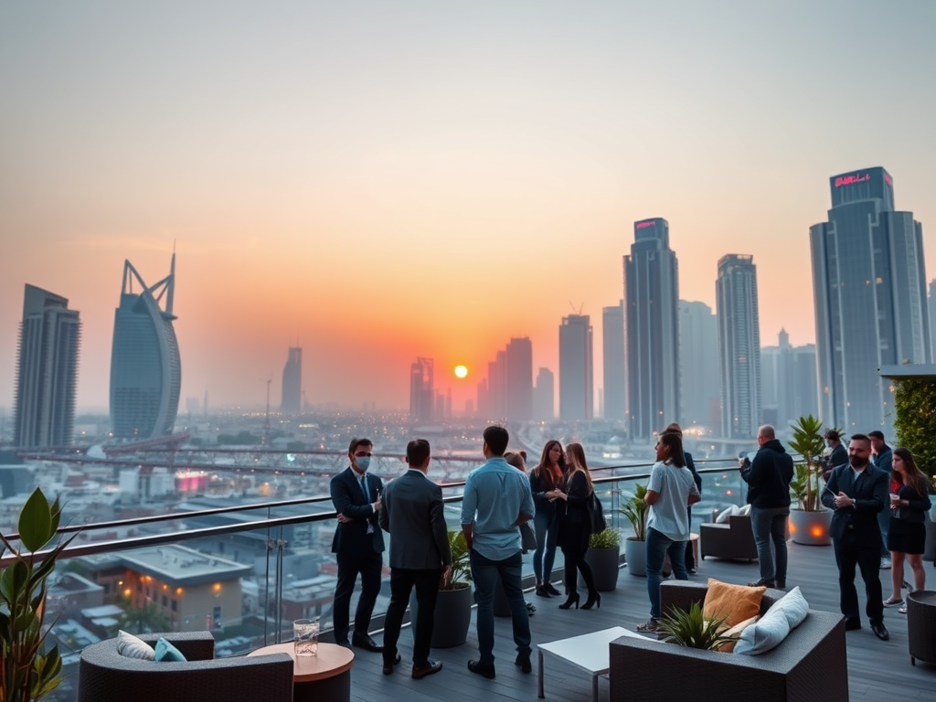 A group of professionals networking on a rooftop at sunset, with a city skyline in the background.