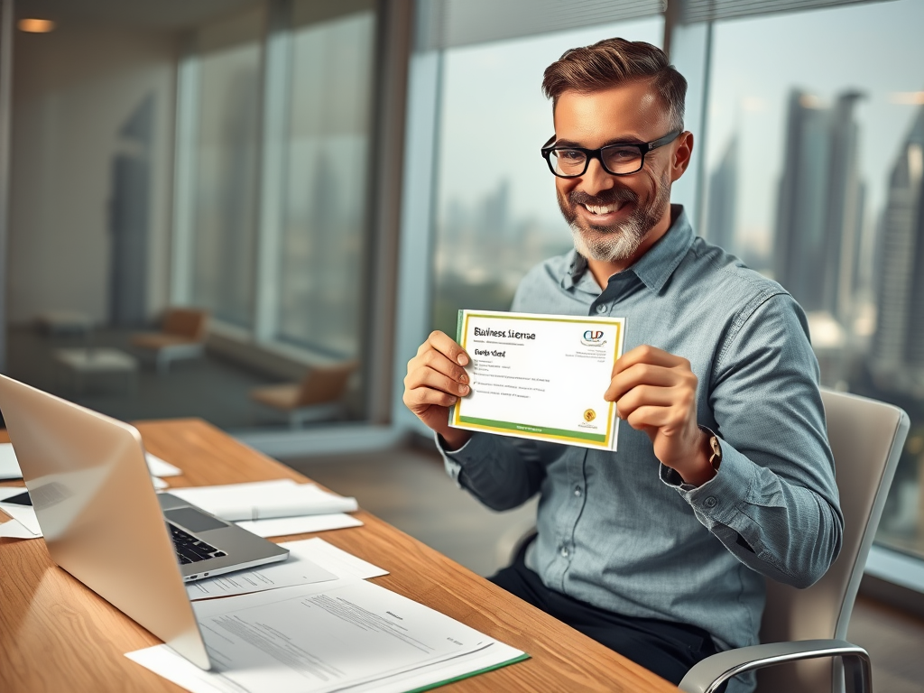 A smiling man holding a business license sits at a desk with papers and a laptop, city skyline visible in the background.