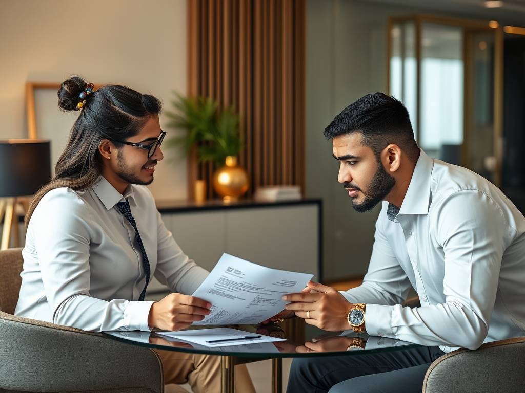 A man and a woman in business attire discuss documents at a modern office table, focused on their conversation.