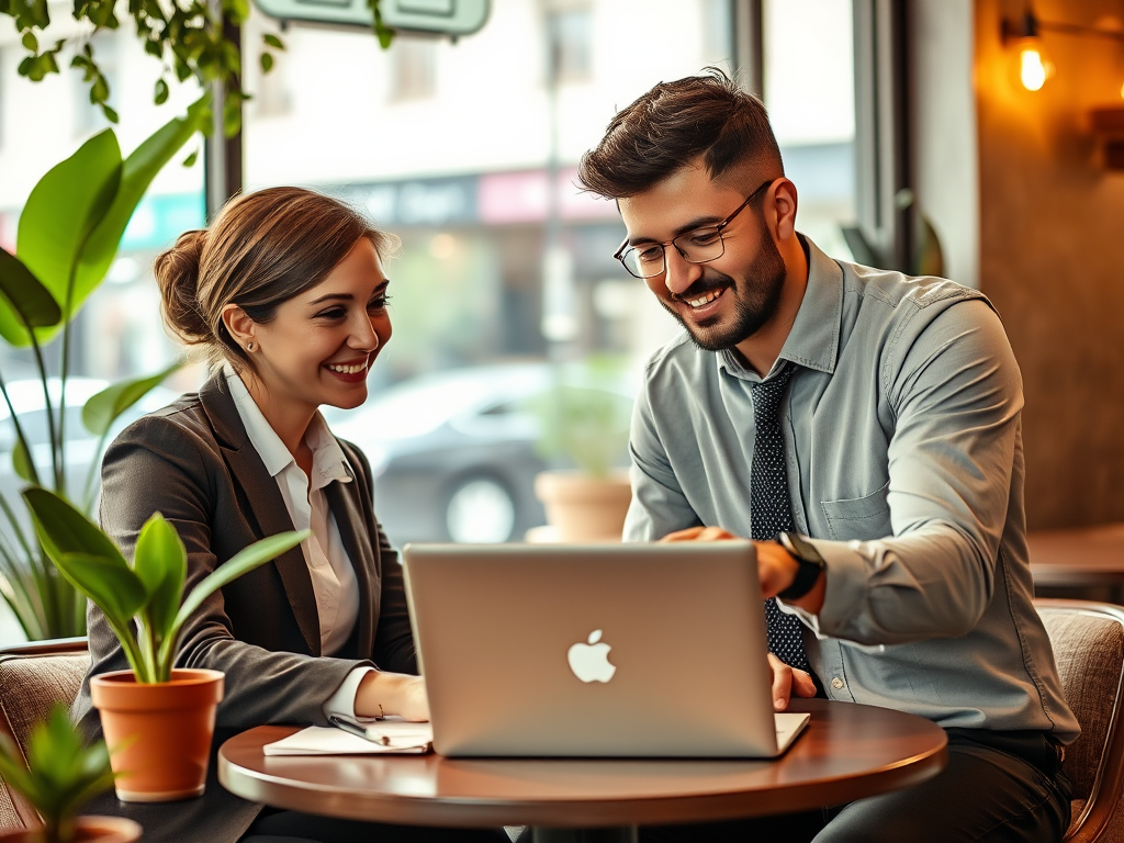 A man and woman in business attire are smiling and discussing work on a laptop at a cozy café.