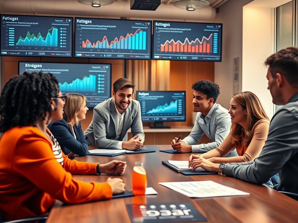 A group of young professionals engaged in a discussion, with digital graphs displayed on screens in the background.