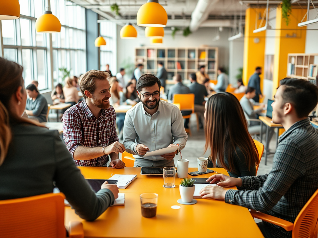 A group of professionals engage in a discussion at a bright, modern workspace with orange accents and large windows.