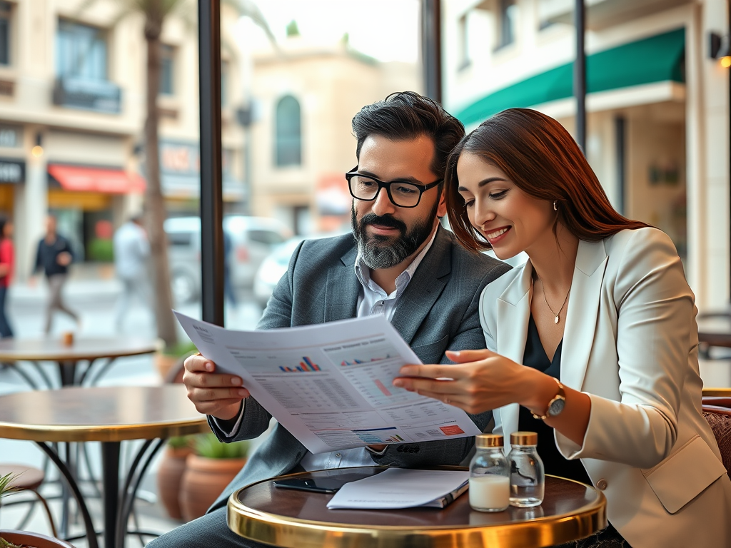 A man and woman sit at a cafe, reviewing documents and smiling, with city streets visible outside.