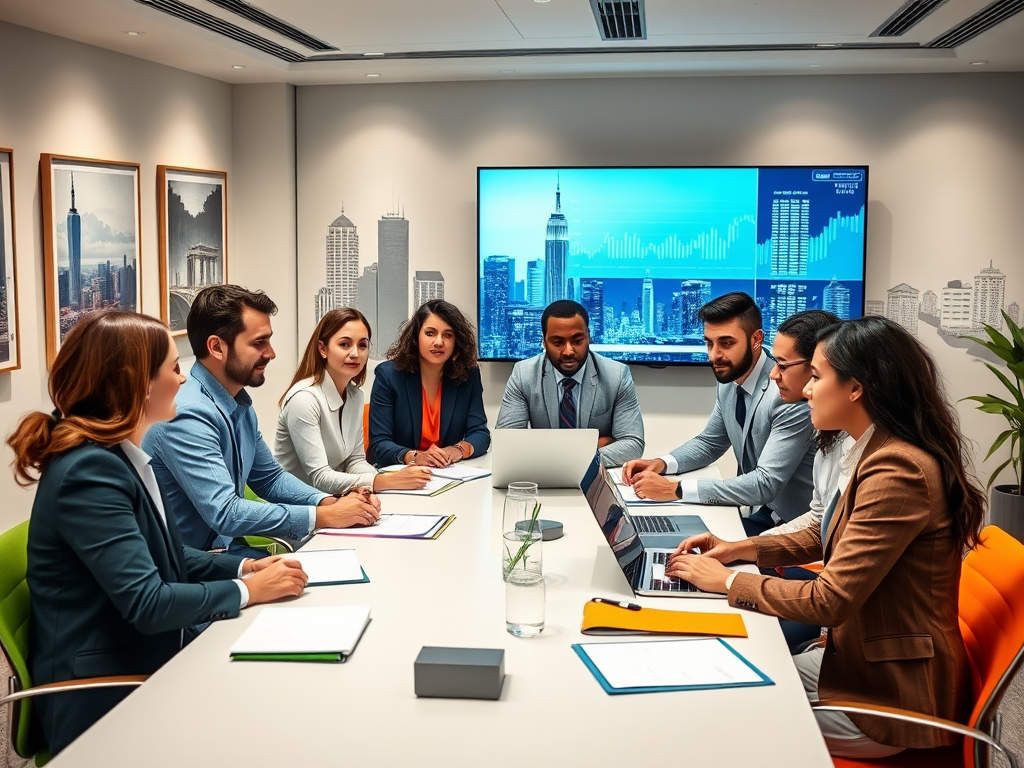 A diverse team of professionals engaged in a meeting around a table with laptops and a city skyline displayed behind them.