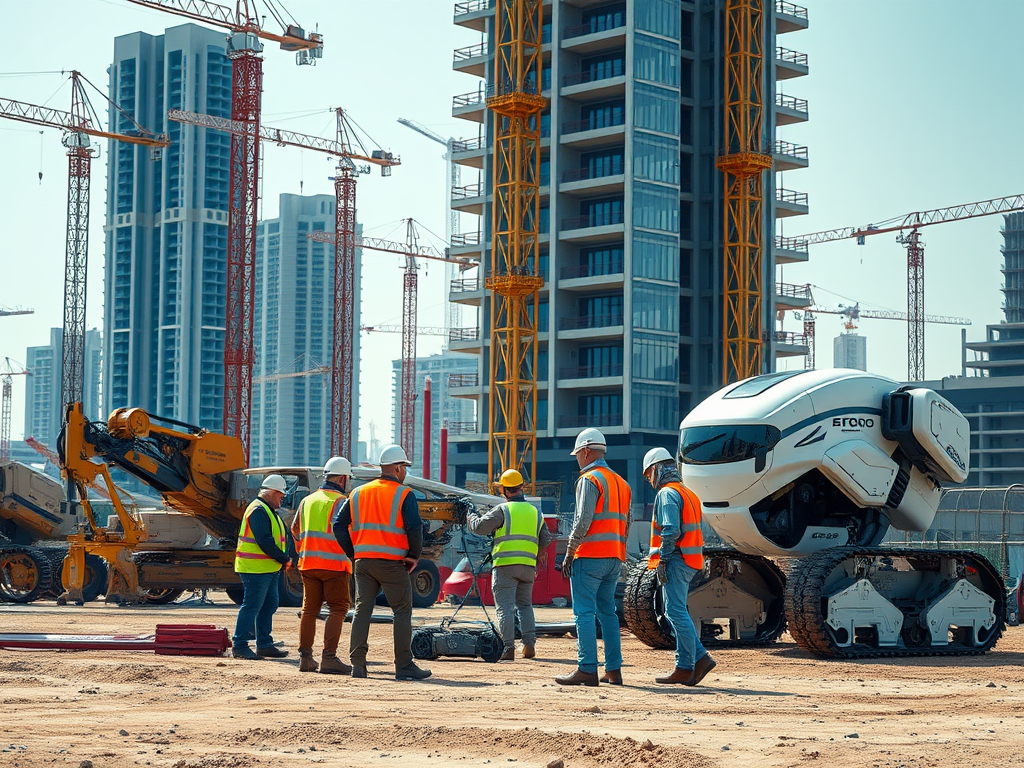 A group of workers in safety gear discusses a robotic machine on a bustling construction site with cranes and buildings.