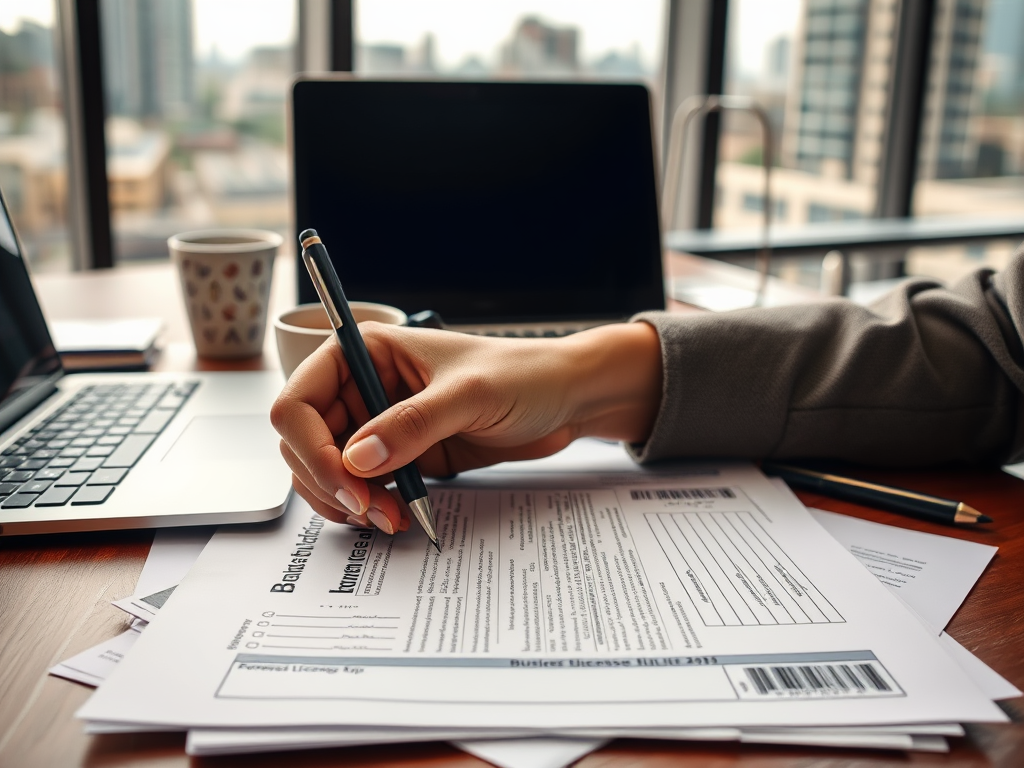 A person is filling out forms with a pen at a desk, with a laptop and coffee cup nearby, in a city office setting.