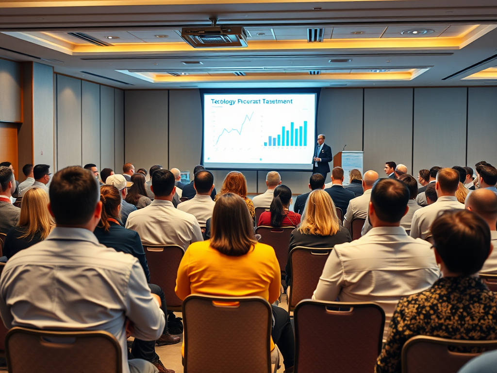 A speaker presents to an audience, with a chart displayed on a screen in a conference room setting.