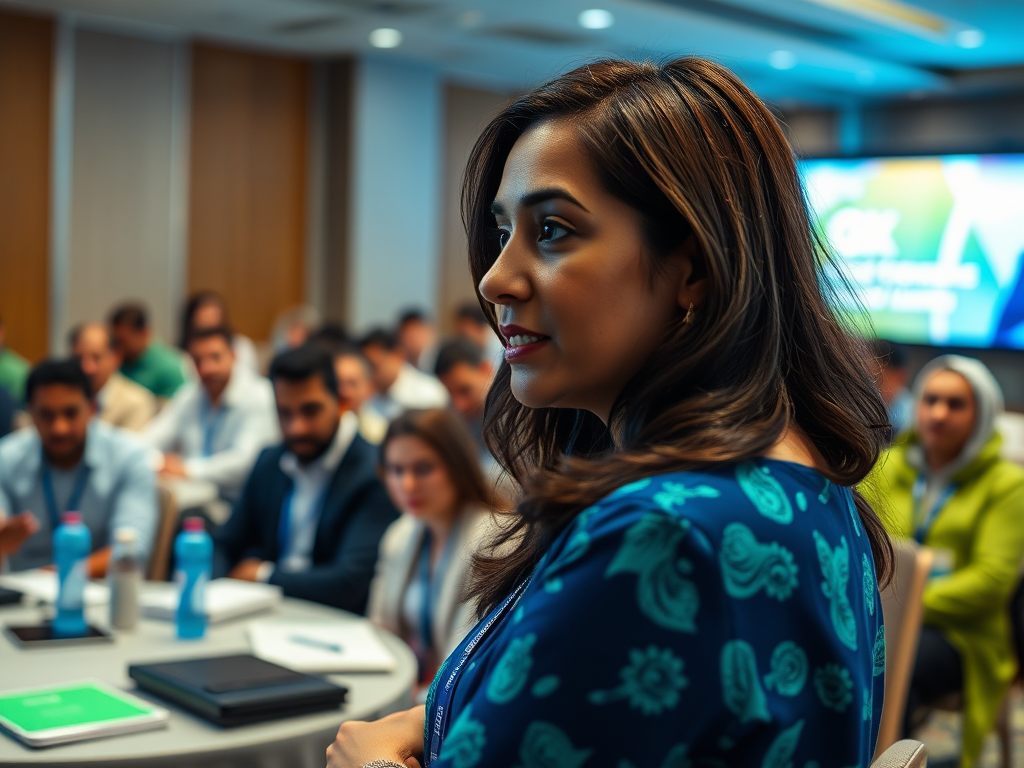 A woman speaks to an audience in a conference room, engaged and attentive attendees sitting at round tables.