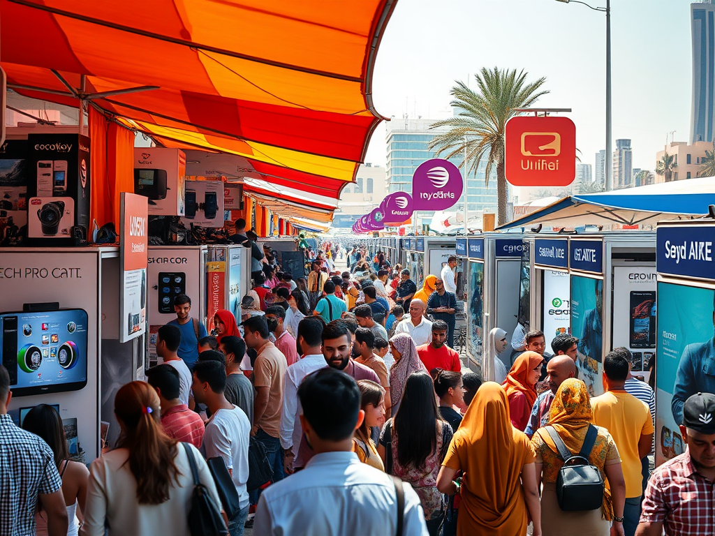 A busy outdoor market scene with crowds browsing tech stalls under colorful awnings on a sunny day.