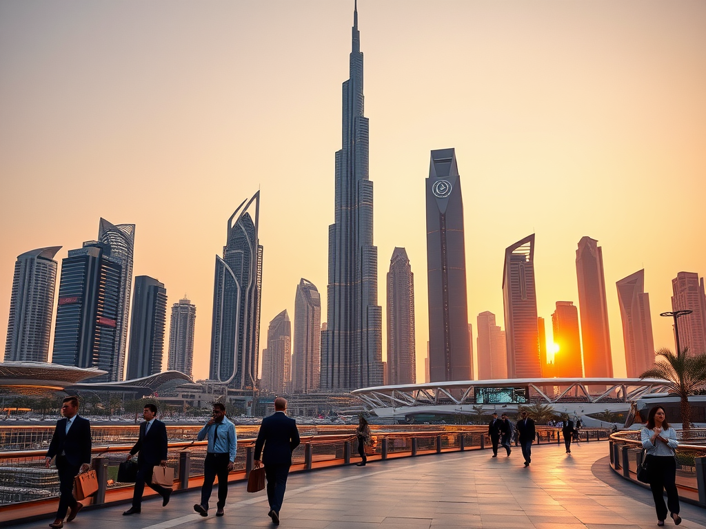 A busy urban scene at sunset in Dubai, featuring tall skyscrapers and people walking along a promenade.