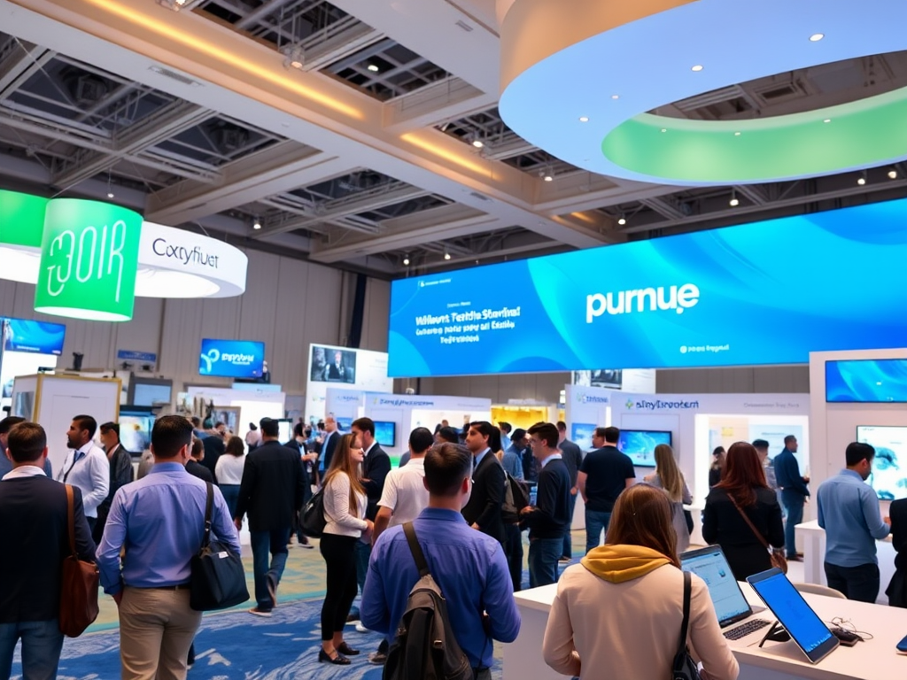 A busy exhibition hall with attendees engaging at various booths, featuring banners from different companies.