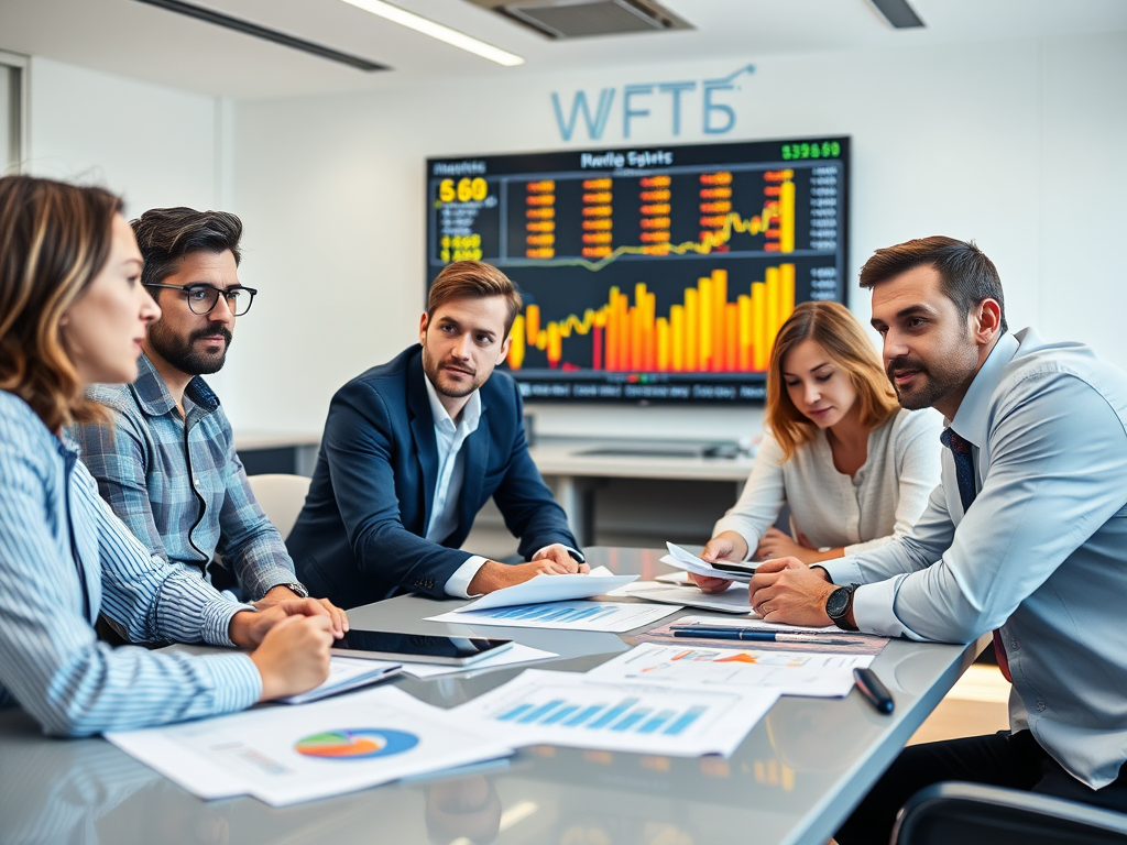 A group of professionals collaborates over documents and graphs in a modern conference room with digital displays.