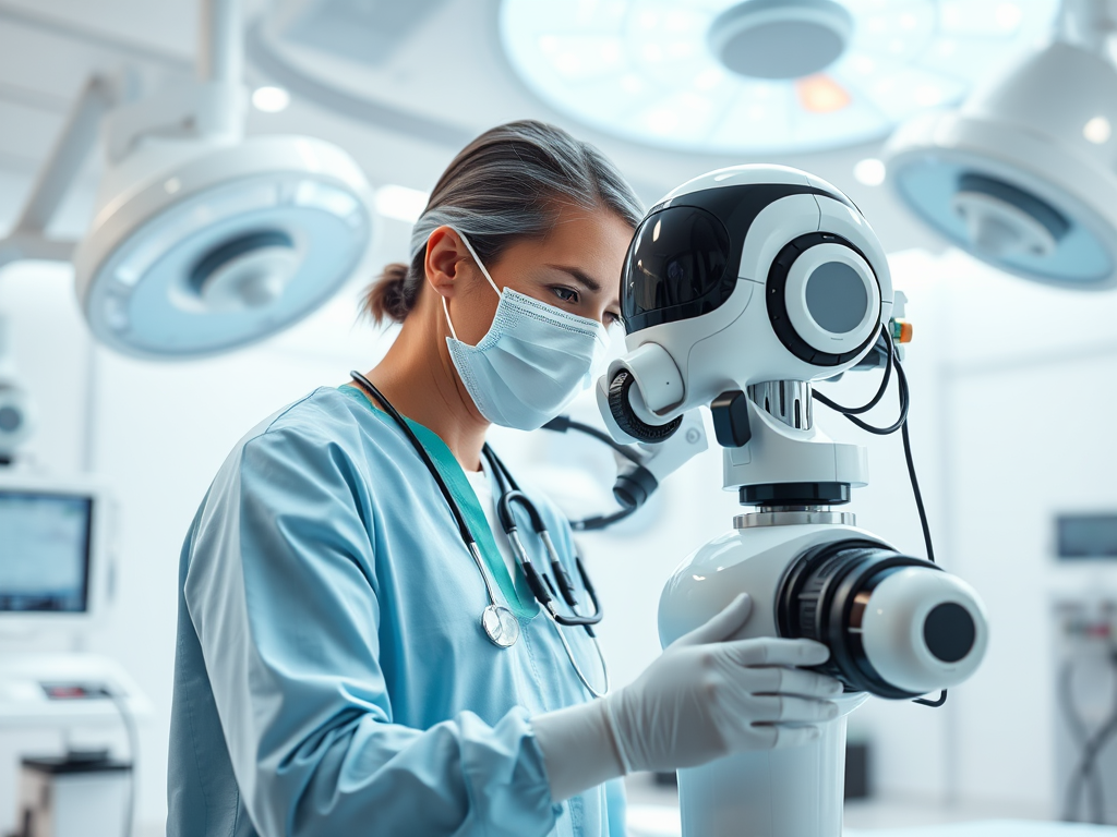 A healthcare professional inspects a robotic assistant in a modern medical facility, wearing a mask and gloves.