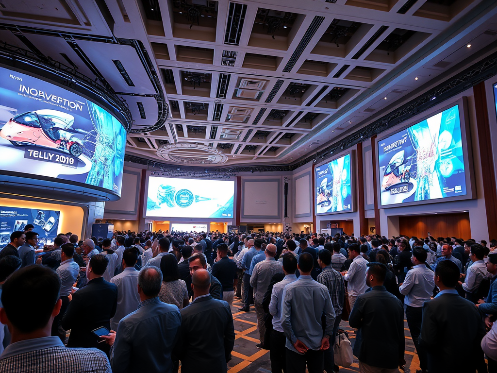 A crowded conference hall with large screens displaying technology presentations and attendees engaged in discussions.